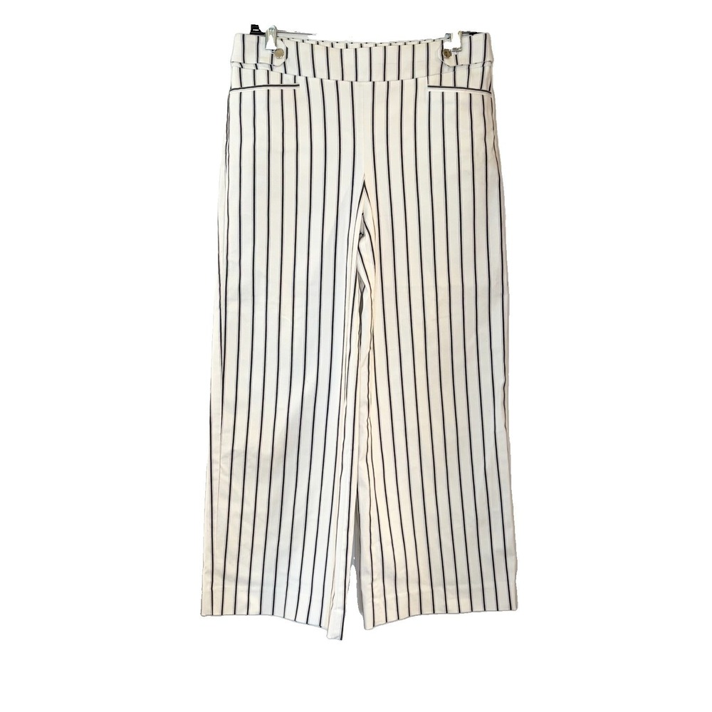 Chicos Brigitte Wide Leg Crop Pants White Black Striped Gold Button Size 0R 4R - Picture 1 of 6